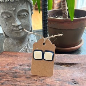 Vintage navy and cream square enamel earrings